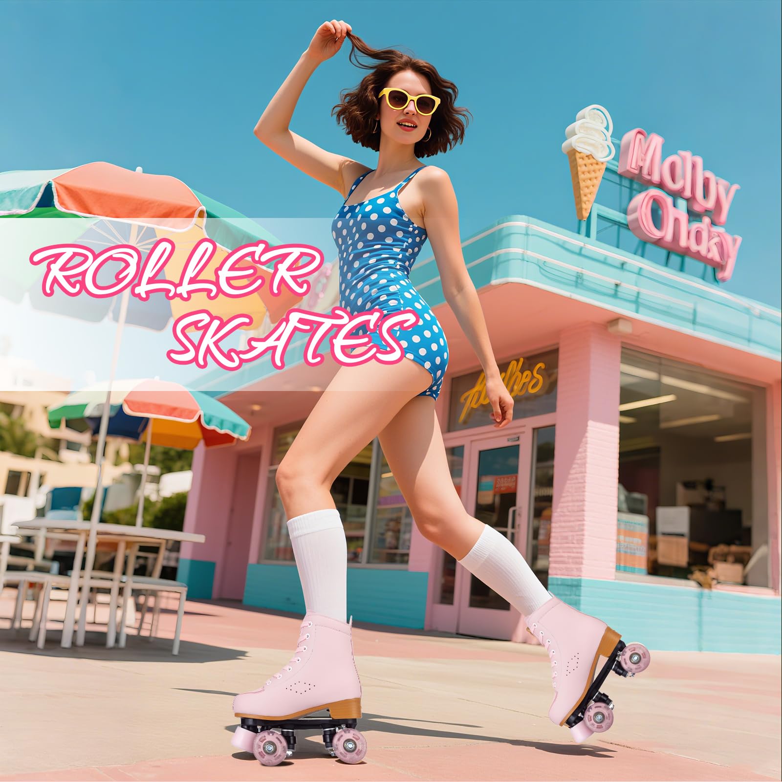 Gets Patins à roulettes lumineux en cuir synthétique pour femme - Double rangée de 4 roues - Patins brillants pour adolescents et adultes
