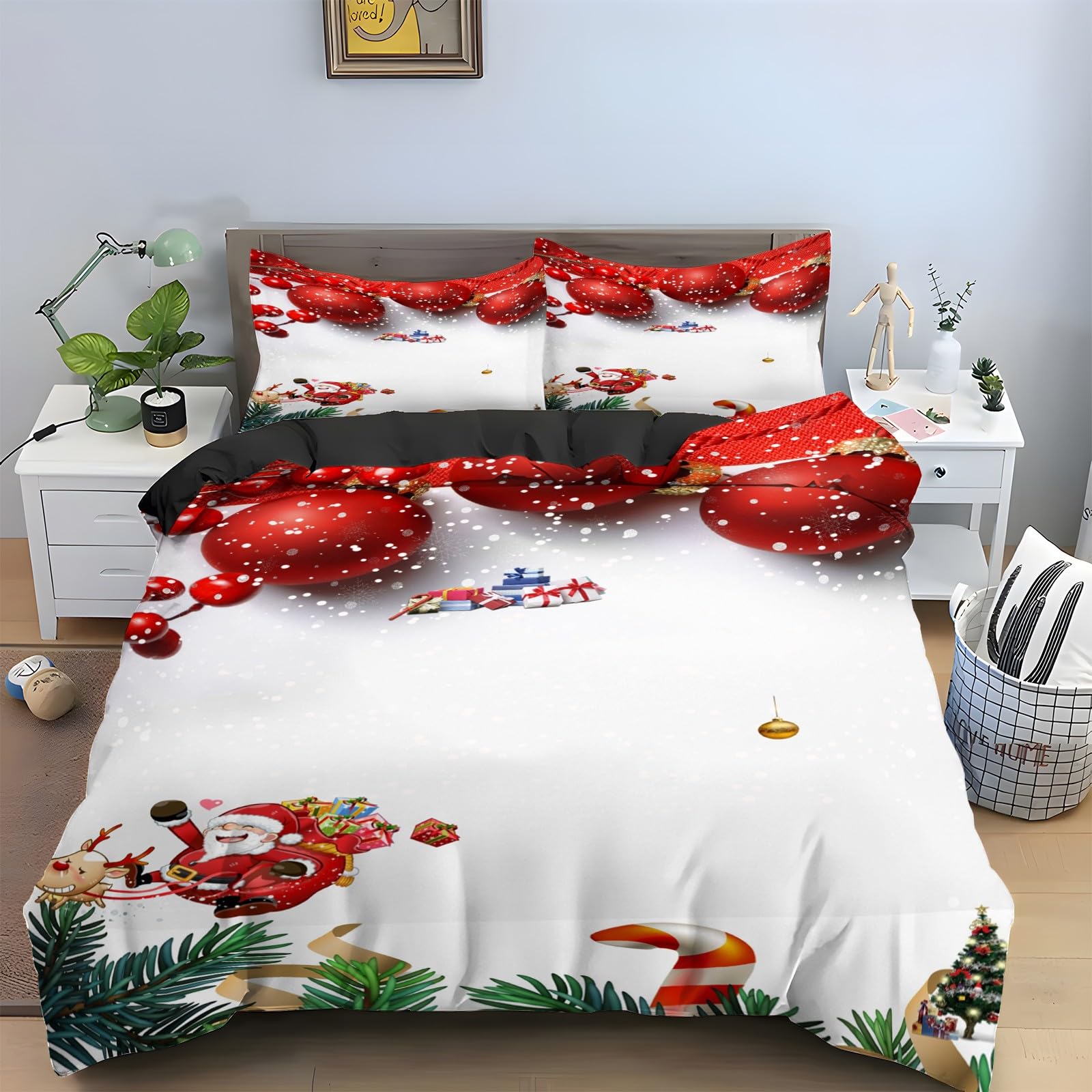 Ensemble de literie 3 pièces Noël 90x190 avec housse de couette imprimée et zippée