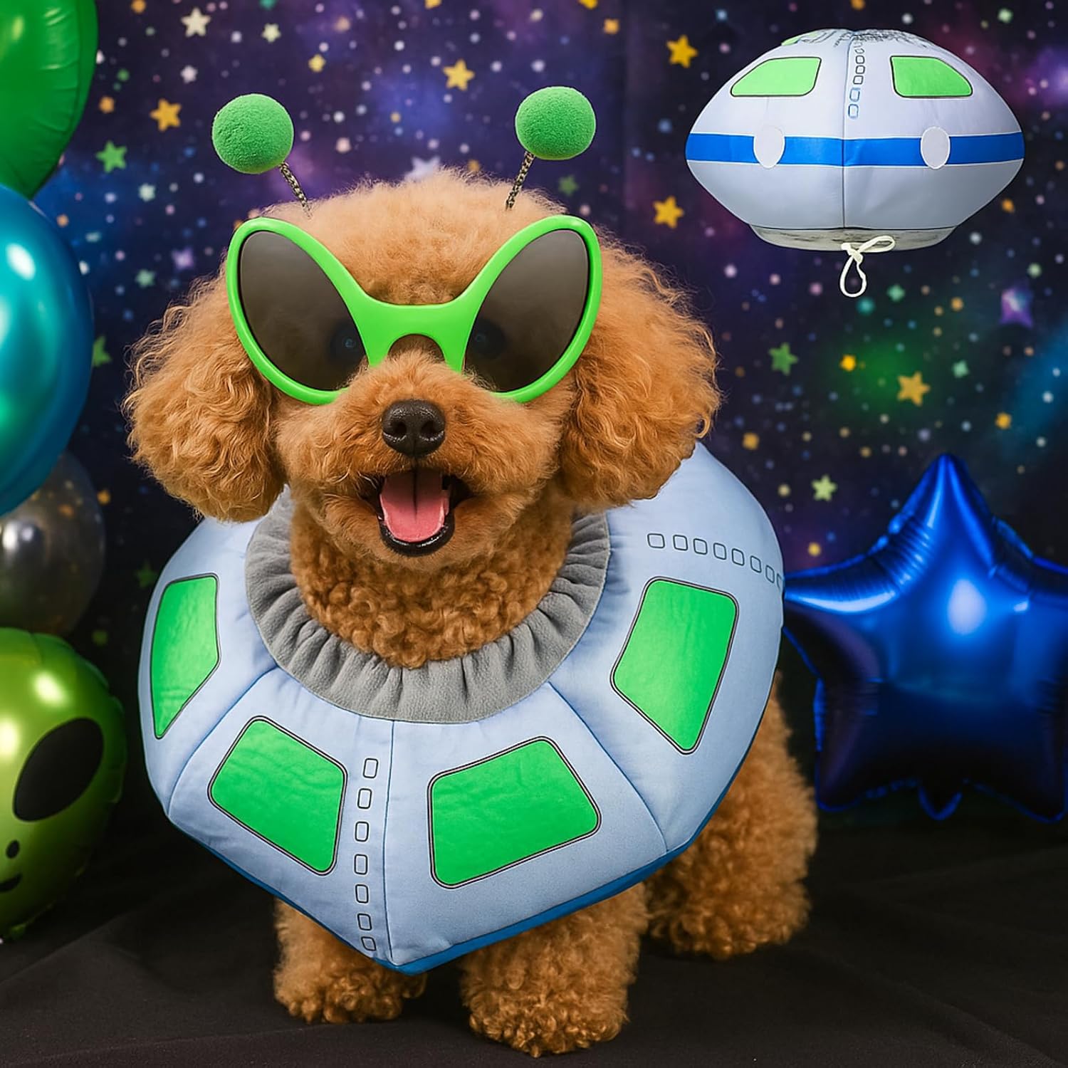 3 Pcs Halloween UFO Alien Dog Costume Set | Fun Spaceship Costume, Alien Headband and Green Glasses, Halloween Puppy Cosplay Party Outfits Supplies