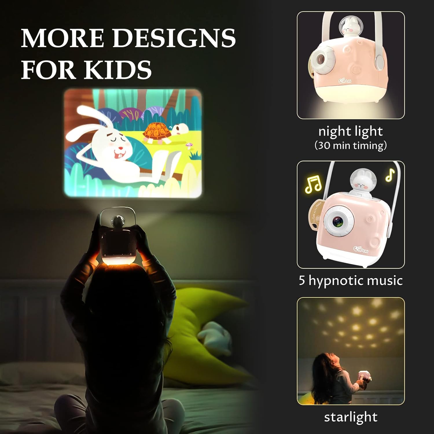 ZZZMOON Projector Toy showing night light, music, and starlight features