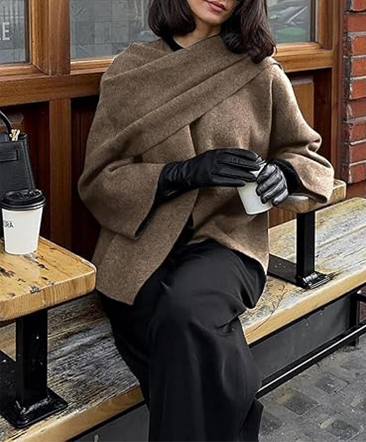 Womens Oversized Scarf Jacket Wool Blend Coat Long Sleeve Button Wool Coats Overcoats(-Brown-S) - Image 2