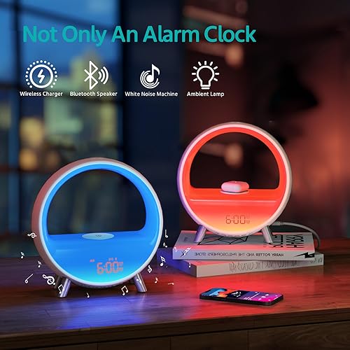 Vista 2 de MOMILLA Reloj despertador Sunrise con estación de carga inalámbrica, altavoz Bluetooth, máquina de sonido de ruido blanco, lámpara de mesa con luces