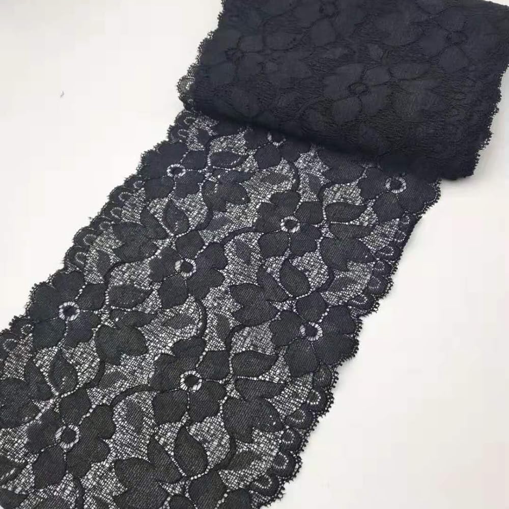 6.2 Inch Stretch Lace Trims Floral Embroidered Elastic Fabric For Garment And DIY Craft Supply by 5 Yards (Black)