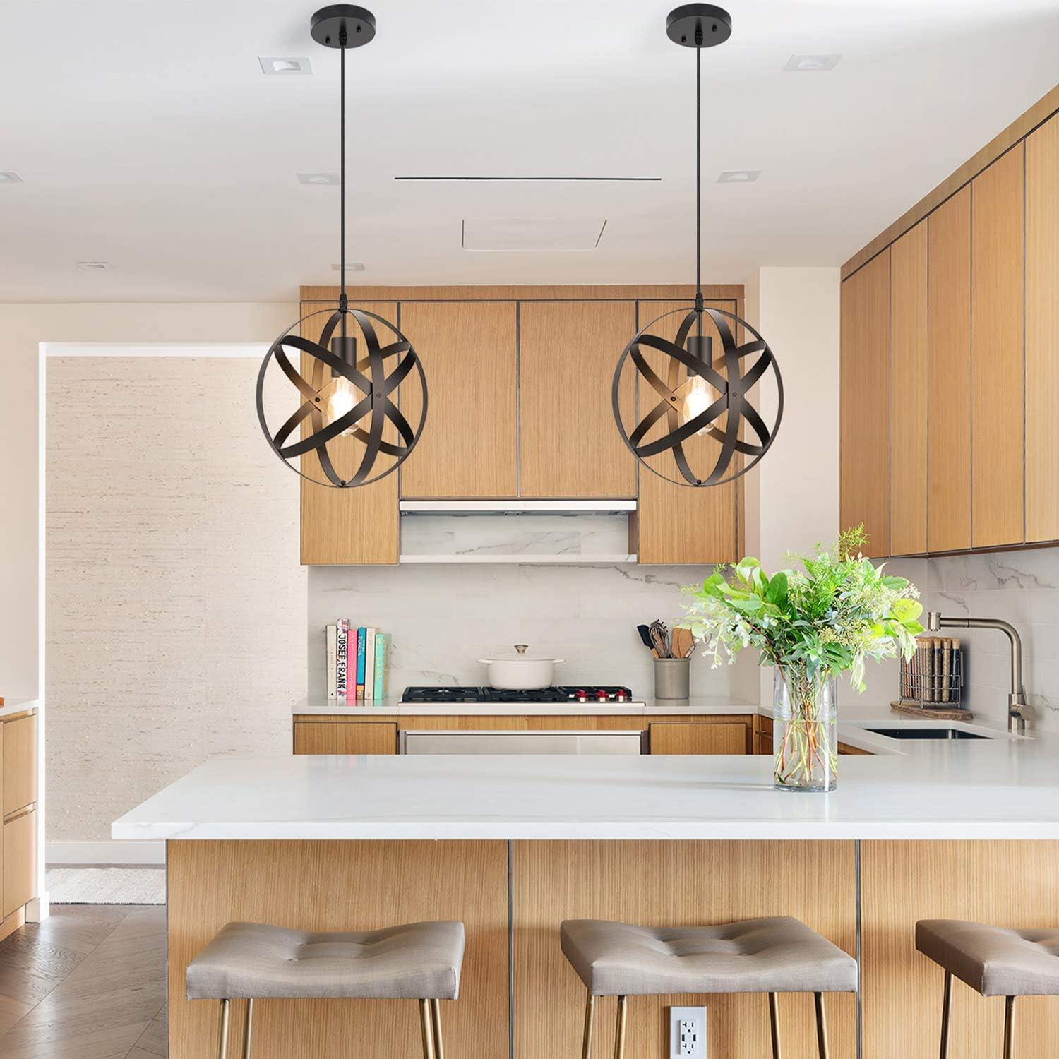 Industrial Metal Pendant Light, 11.8'' Farmhouse Hanging Light Fixtures, Adjustable Chandelier Ceiling Lamp, Spherical Pendant Lighting for Kitchen Island Dining Room, LED Bulb Included, Matte Black - - 