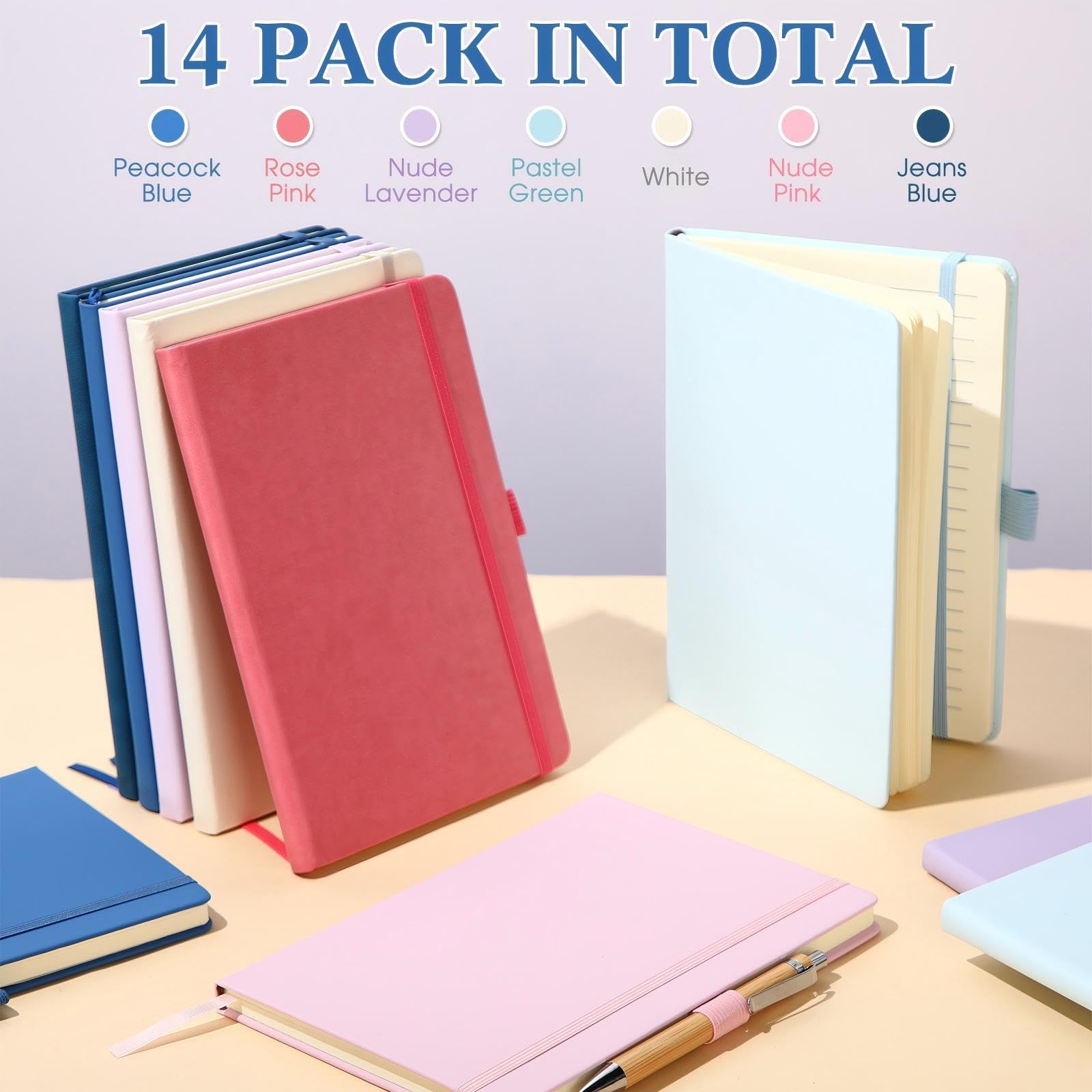 Laumoi Paquete de 14 cuadernos rayados de 5.5 x 8.2 pulgadas, cuaderno de tapa dura A5, bloc de notas con rayas universitarias con soporte para bolígrafo, diarios rayados de piel sintética para