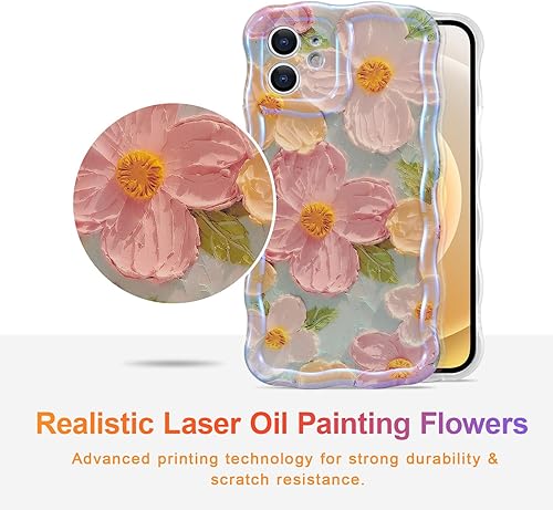 Miniatura 2 de EYZUTAK Funda para iPhone 12, colorida pintura al óleo retro impresa flor rayo láser patrón brillante lindo borde rizado ondas exquisita cubierta