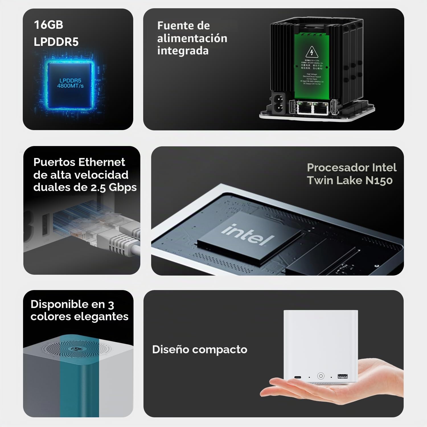 Beelink ME Mini PC NAS de Escritorio, Intel Twin Lake-N150 (4C/4T, hasta 3,6 GHz), 16 GB LPDDR5, SSD M.2 de 1 TB, Mini computadora, 6 Ranuras SSD M.2, Wi-FI 6, Bluetooth 5.2, Dual LAN 2,5 GHz