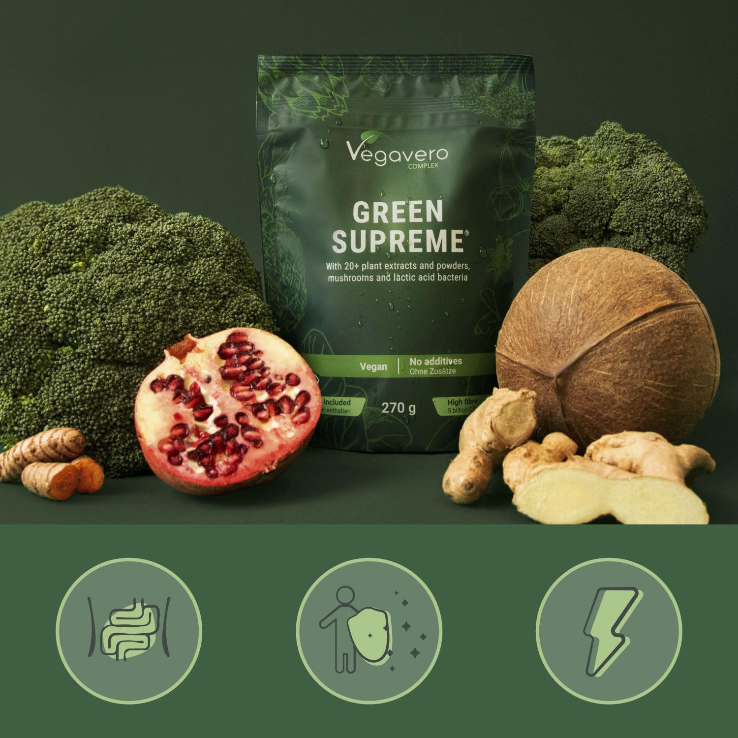 Vegavero Green Supreme – Greens Pulver 270g mit über 20 Superfoods, Pflanzenextrakten & Vitalpilzen – Immunsystem stärken, Energie & Detox - Mit Ballaststoffen & Probiotika, vegan