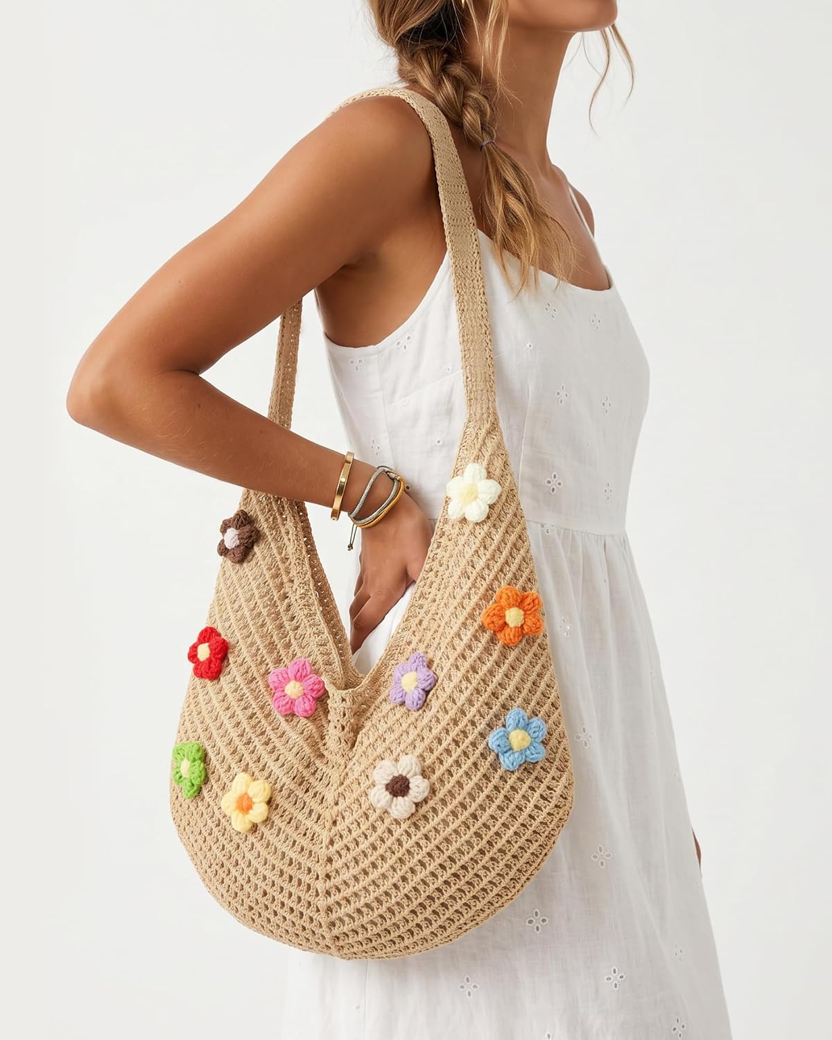 Jeasona Crochet Beach Bag for Women, Hobo Shoulder Bag | DIY Handmade Knit Hobo Shoulder Bag with 10 Detachable Flowers, Aesthetic Summer Mesh Tote for Vacation
