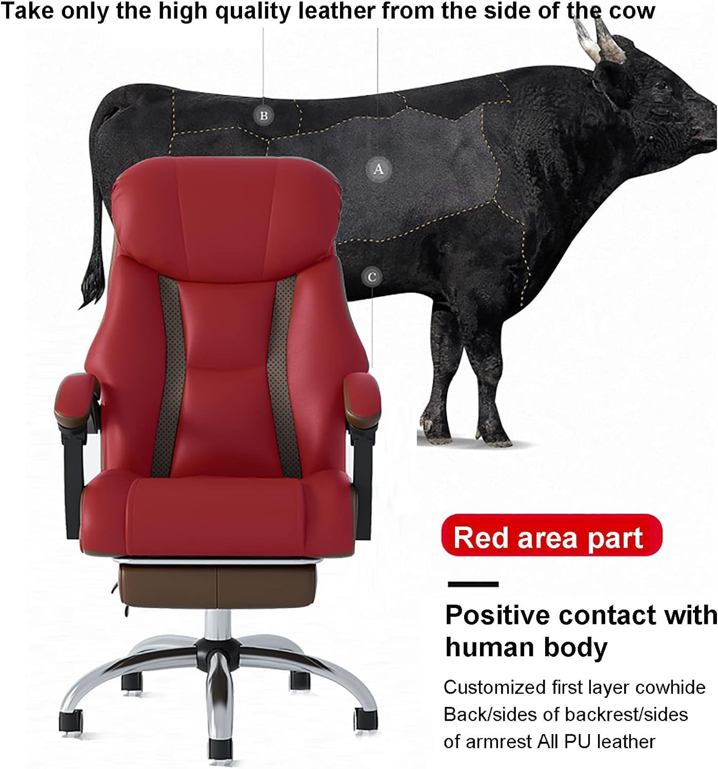 Krzesło biurowe z wysokim oparciem i kółkami dla ciężkich osób - ergonomiczne skórzane krzesło biurowe, rozkładane krzesło komputerowe w kolorze czarnym, brązowym, 64x46-54 cm (25x18-21")
