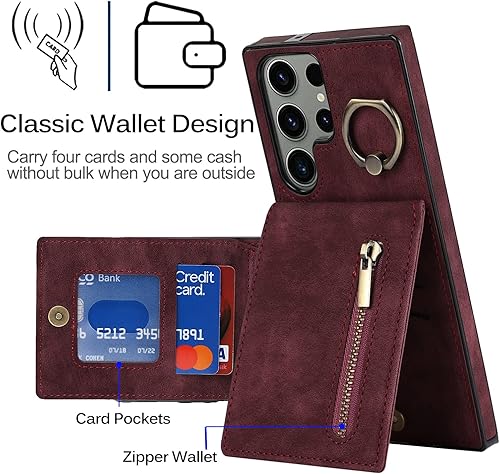 Miniatura 2 de Miimall Funda para Samsung Galaxy S23 Ultra con tarjetero, piel sintética Galaxy S23 Ultra con soporte de anillo, funda magnética Flip S23 Ultra,