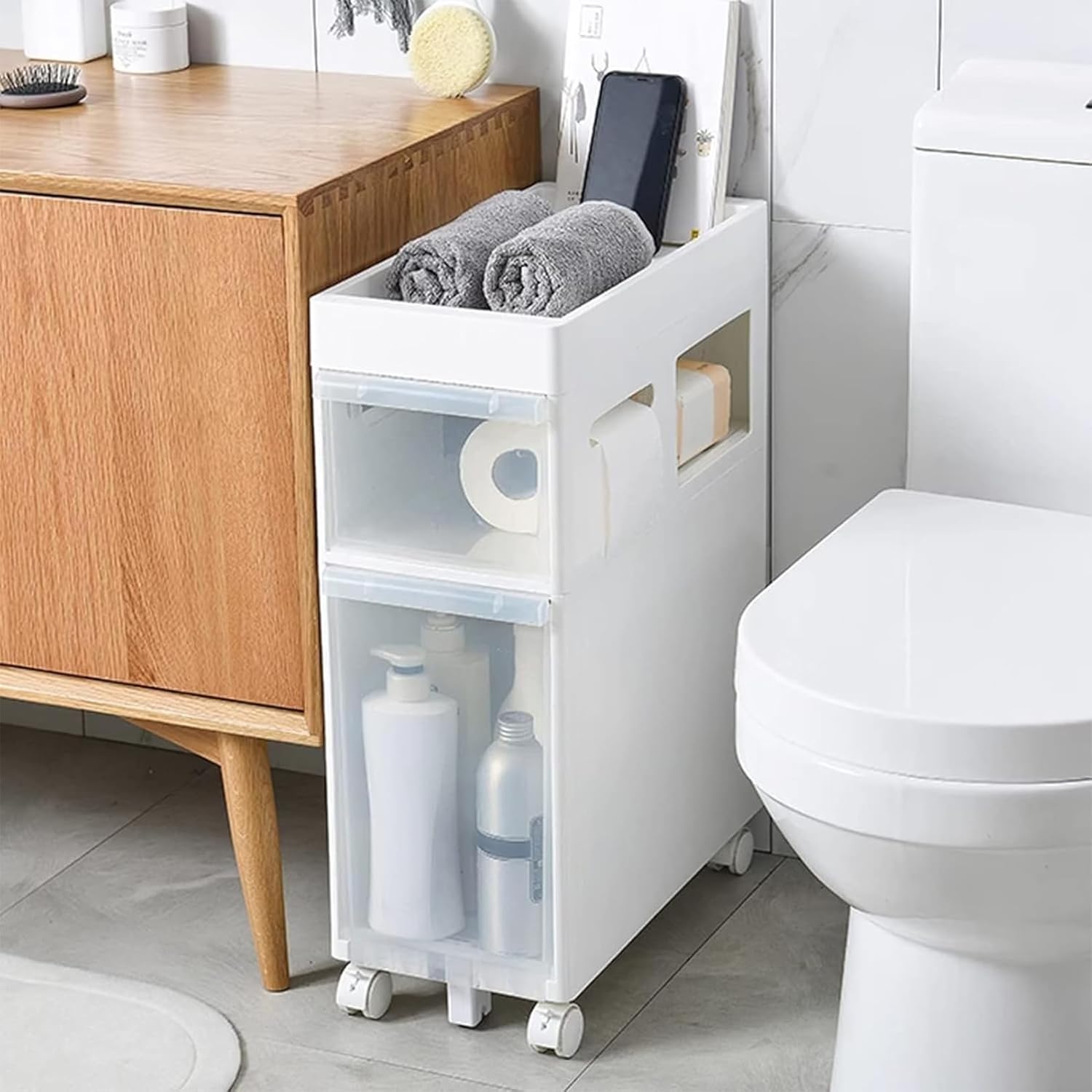 Amazon.com: Slim Storage Bathroom Floor Cabinet - Small Bathroom Storage Cabinet with Removable ...