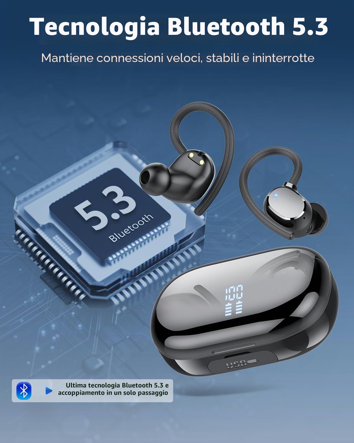 Lekaby Cuffie Bluetooth Sport, 2025 Auricolari Bluetooth 5.3 con Mic Stereo, Cuffie Wireless con Ricarica Rapida USB-C, Cuffiette Bluetooth Doppio Display LED IP7 Impermeabili, Cuffie Senza Fili 128H