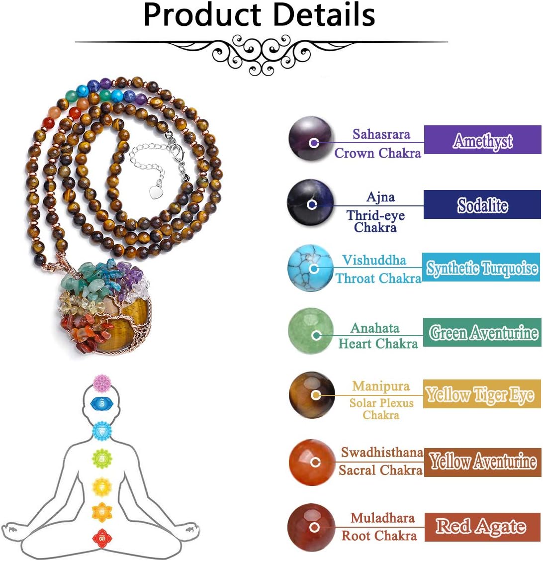 Jovivi 7 Chakra Gemstone Reki Healing Crystal Necklace Round Circle Shape Ammonite Fossil Resin Chip Stones Pendant Necklace for Women Men Life Tree Jewelry Christmas Gifts - Image 6