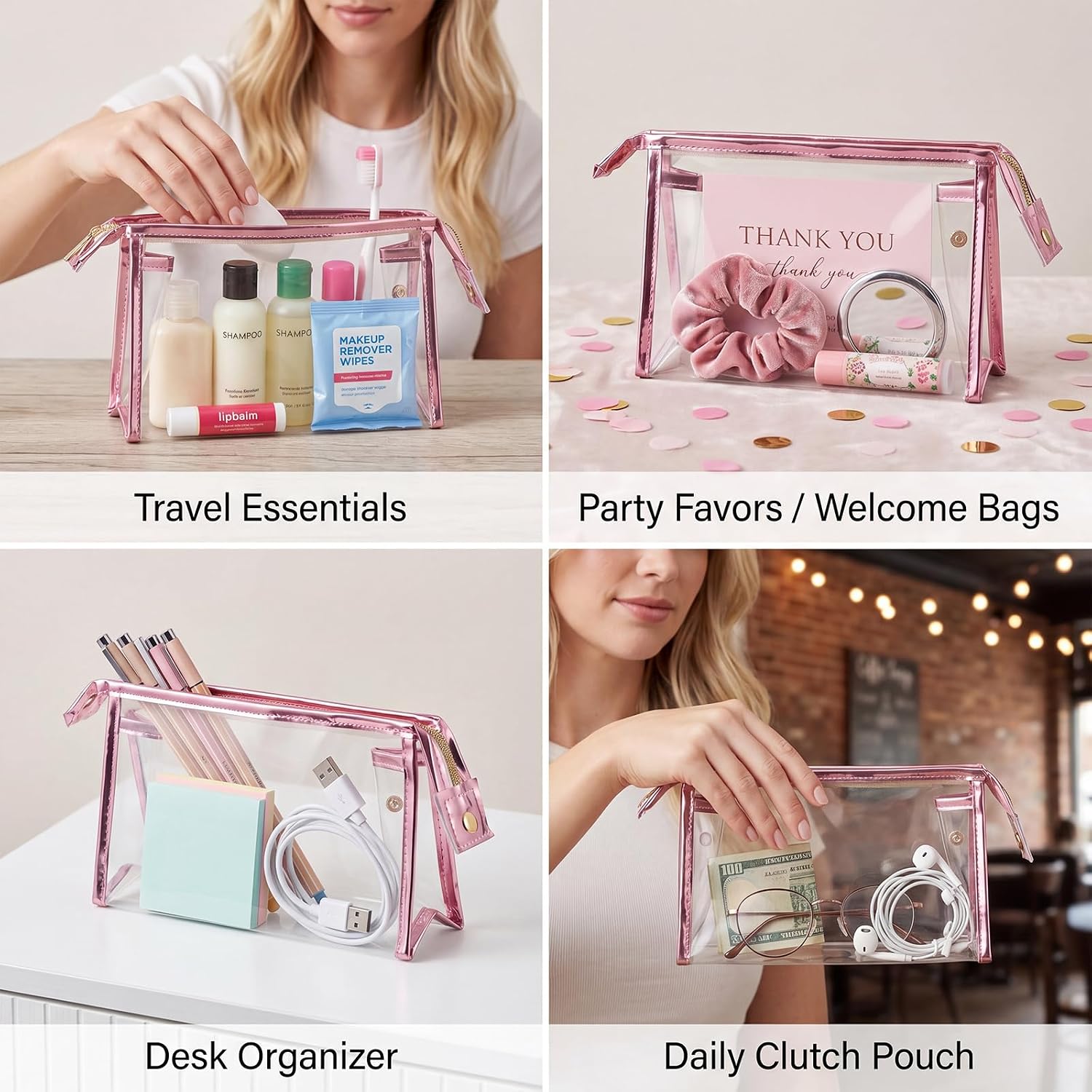 BESARME 10 Pcs Clear Makeup Bags Bulk with Zipper, Clear PVC Travel Toiletry Bag Iridescent Waterproof Cosmetic Bag for Women Party Favors Bachelorette Gifts for Bridesmaids