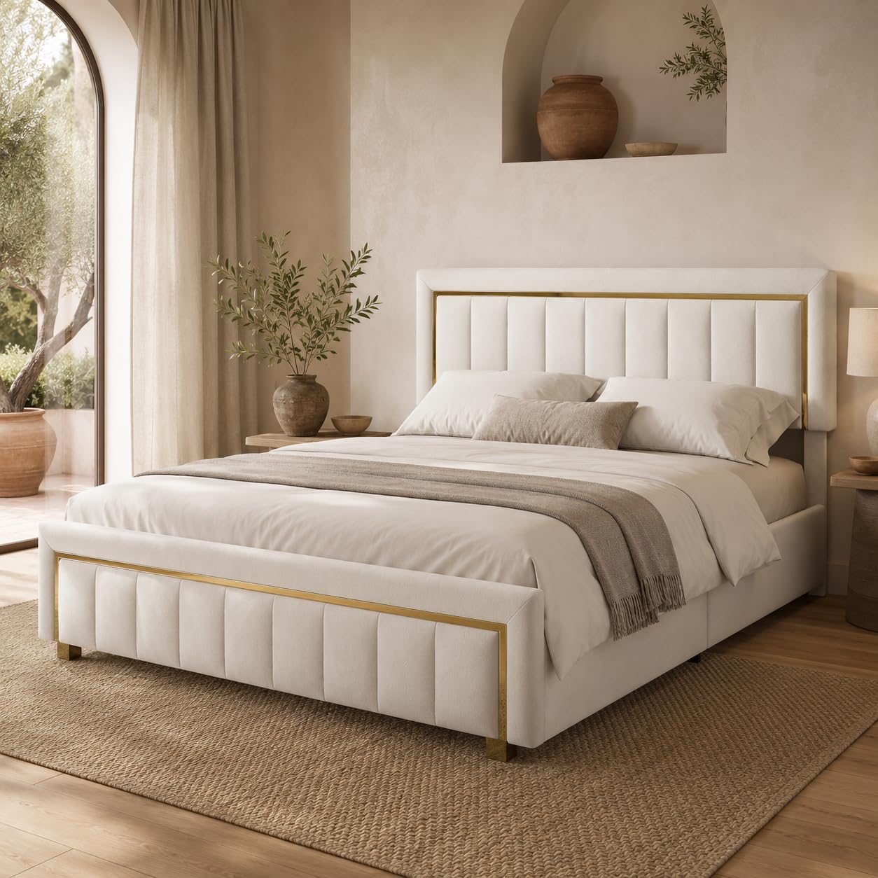 Cama de Matrimonio 140x200 cm con Canapé Abatible, Cama Tapizada de Terciopelo con Gran Espacio de Almacenamiento, Cabecero y Pie de Cama Acolchados, sin Colchón, Beige