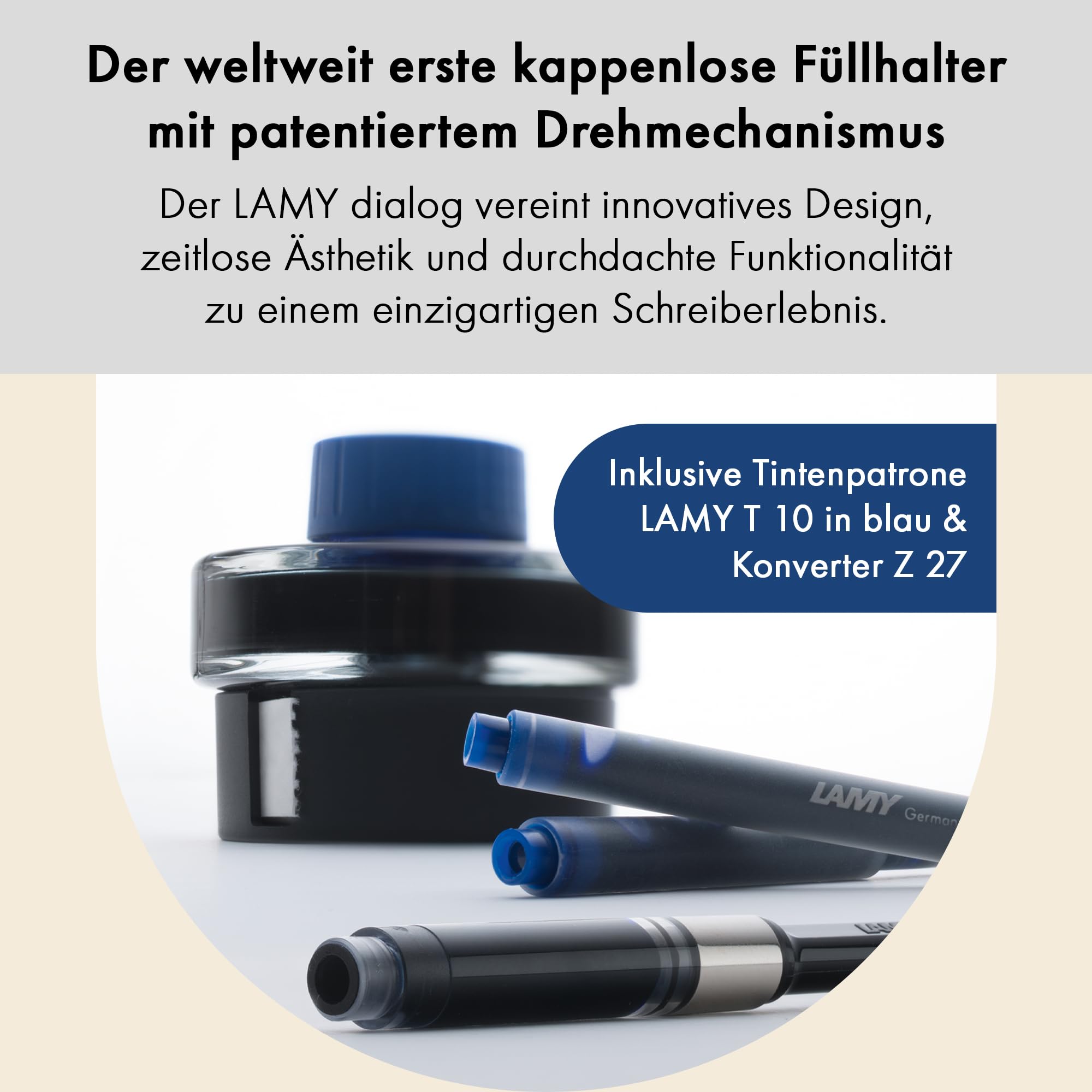 Lamy dialog cc all black Füller - kappenloser Füllhalter mit Drehmechanismus -14 kt. Bicolor-Goldfeder, partiell platiniert & in Strichbreite B –Tintenpatrone T 10 blau & Konverter Z 27 –Rechtshänder