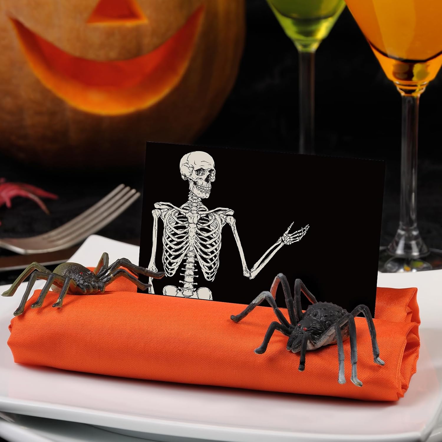Whaline 60Pcs Halloween Place Cards 4.7 x 3.1 Inch Black Smiling Skeleton Tent Name Cards Blank Seat Assignment Label Cards for Party Table Setting Supplies