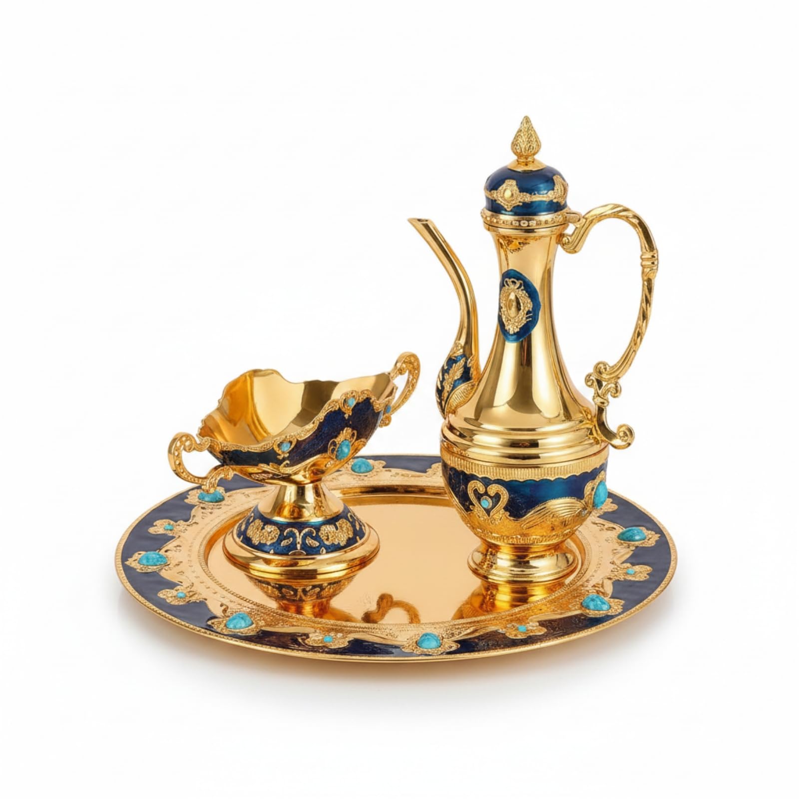 Jarra Tapada Centro Espejado Set Ornamental Estilo Tradicional Bandeja Redonda para Servir Bebidas, Dorado Y Azul