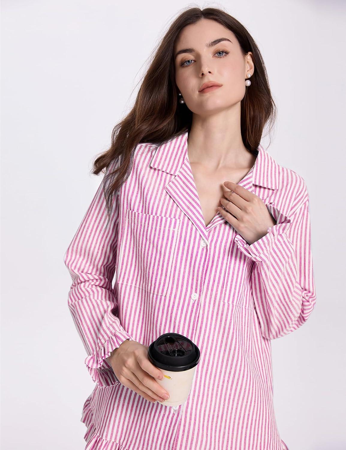 Womens Cotton Pajama Sets Long Sleeve Button Down Striped 2 Piece Pjs Ruffle Sleepwear with Long Pants Lounge Set - Image 7