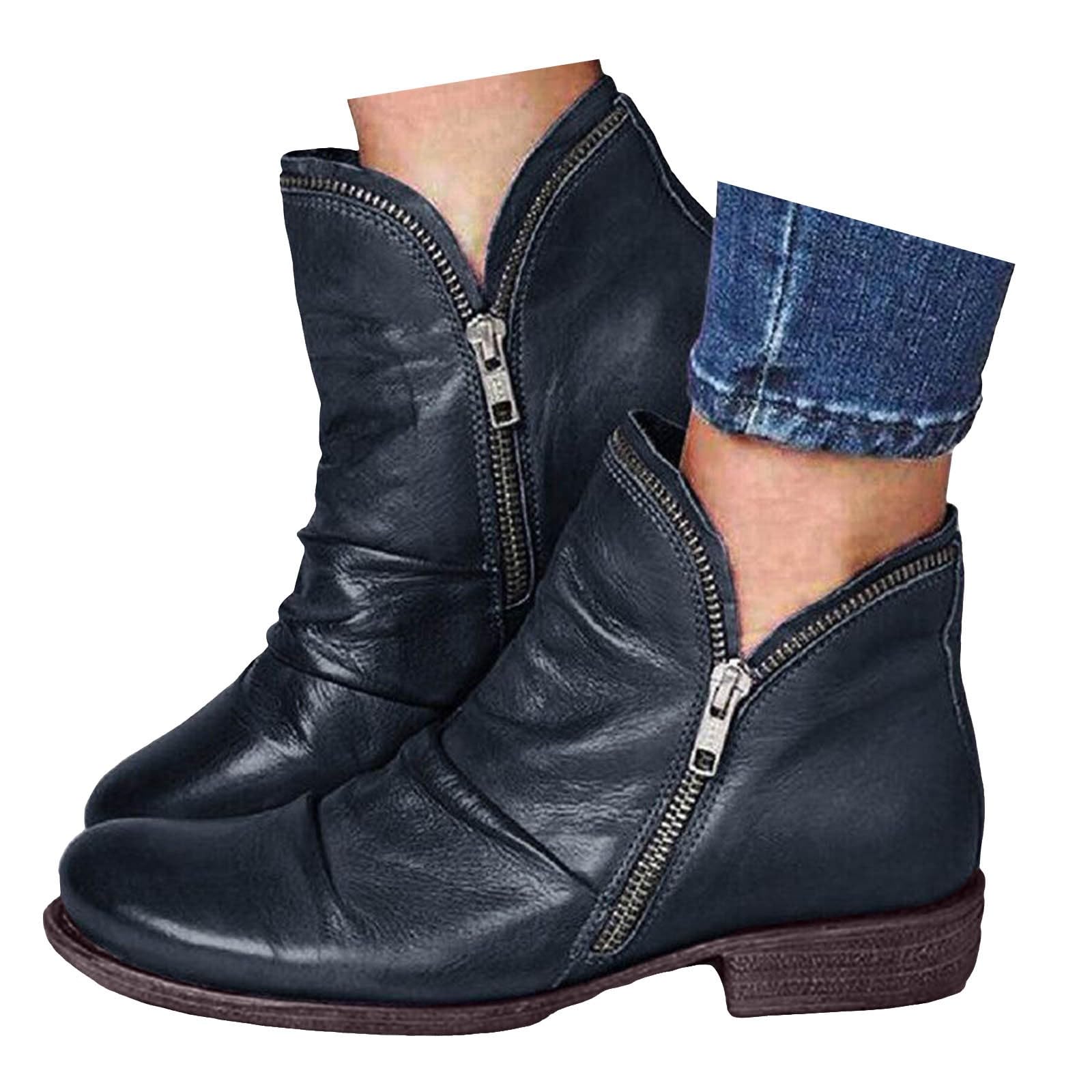 Ankle Boots for Women 2024 Women's Chunky Low Heel Short Boots Classic Round Toe Side Zipper Booties Vintage Leather Booties Flats Casual Walking Fall