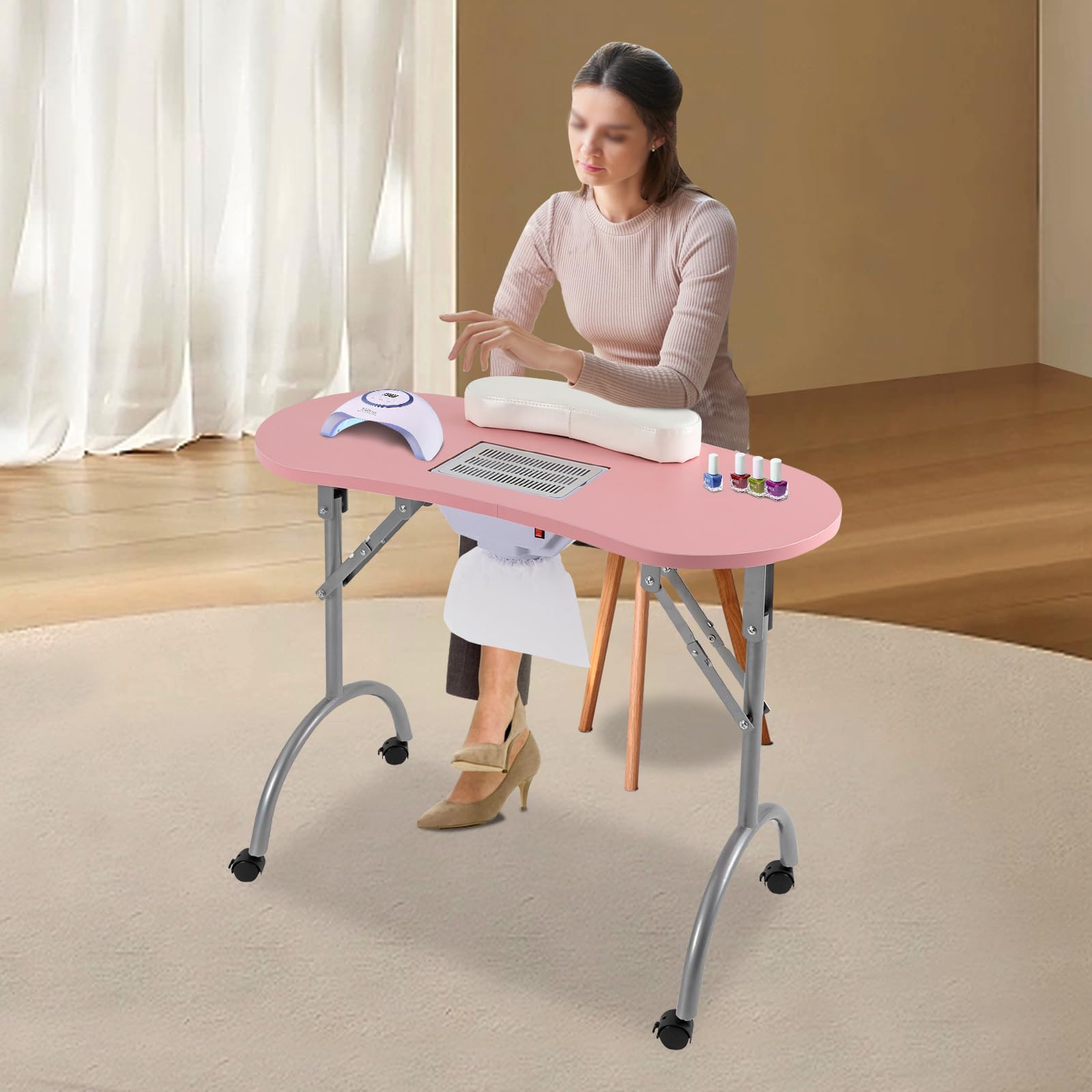 Stół do manicure z odsysaniem składany mobilny 90x40x72 cm różowy