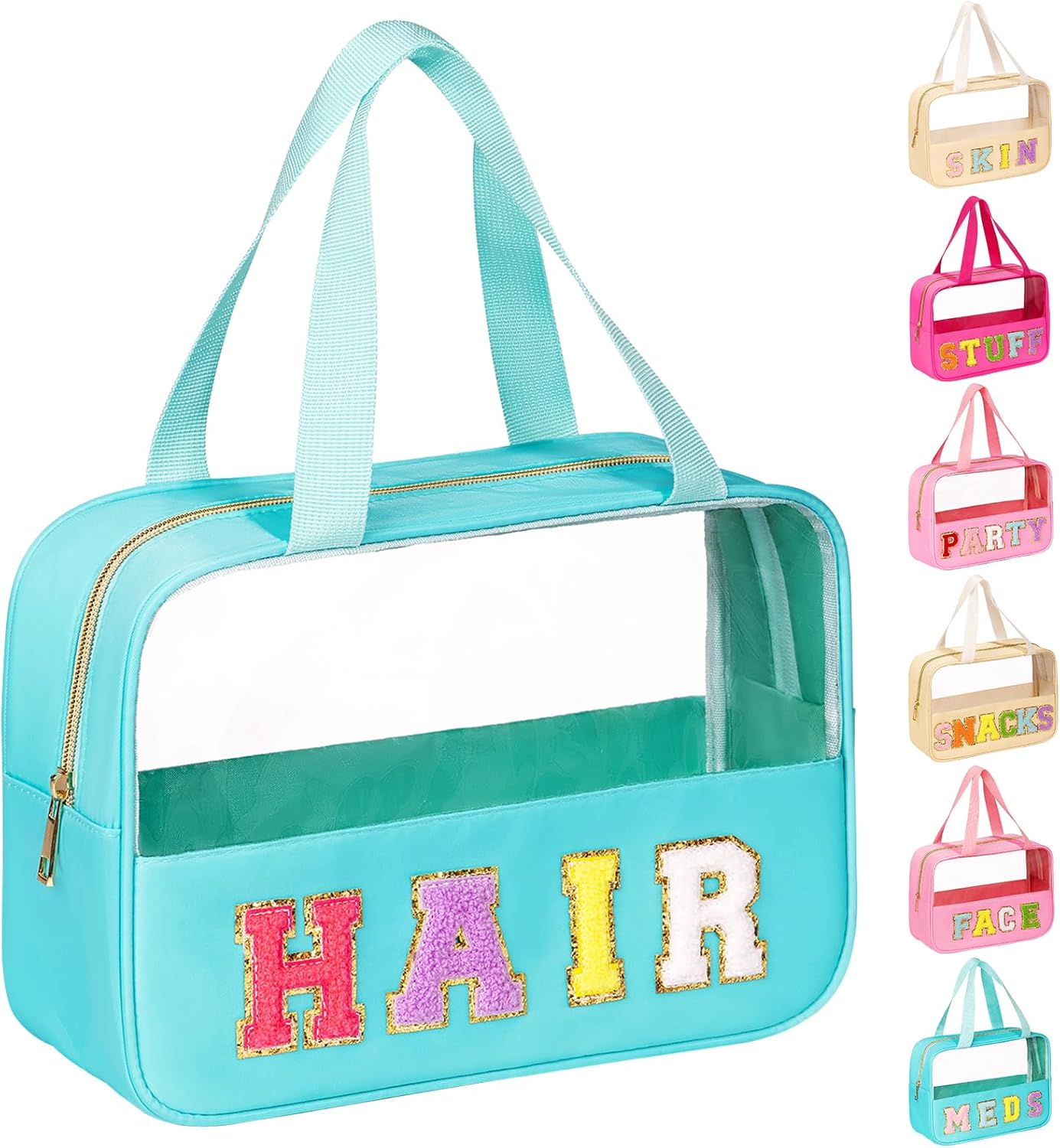 eurovicky Chenille Letter Patch Clear Makeup Bag, Preppy PVC&Nylon Makeup Bag with Handle and Zipper, Waterproof Large Clear Travel Toiletry Bag Storage Bag for Women