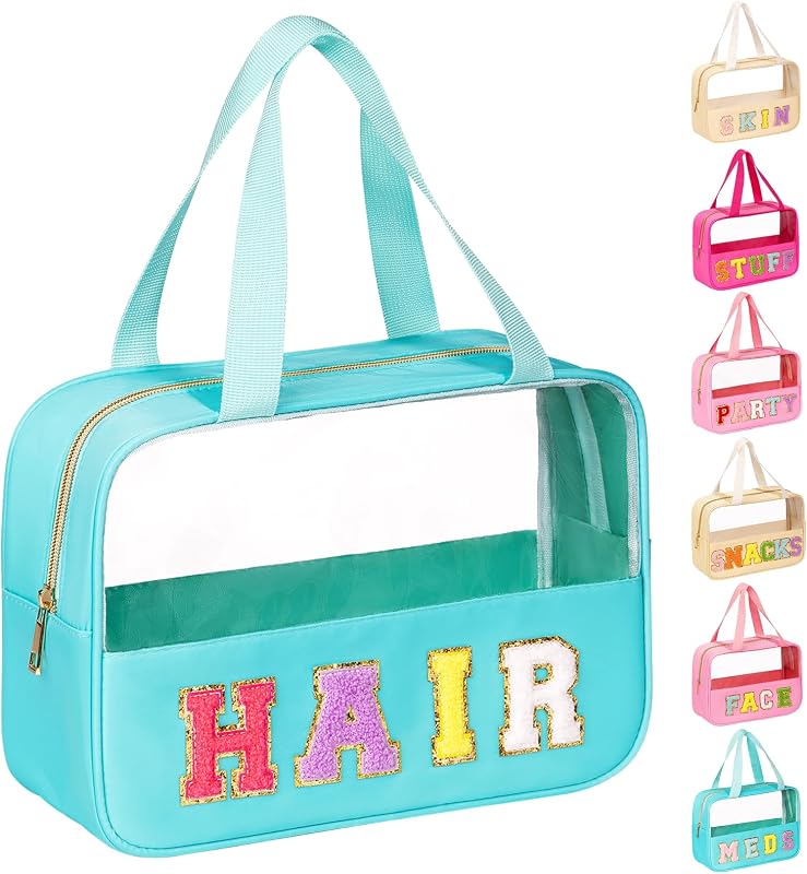 Necessaire transparente de maquiagem eurovicky com aplicação de letras em chenille, Mint Green-HAIR, Pacote com 1