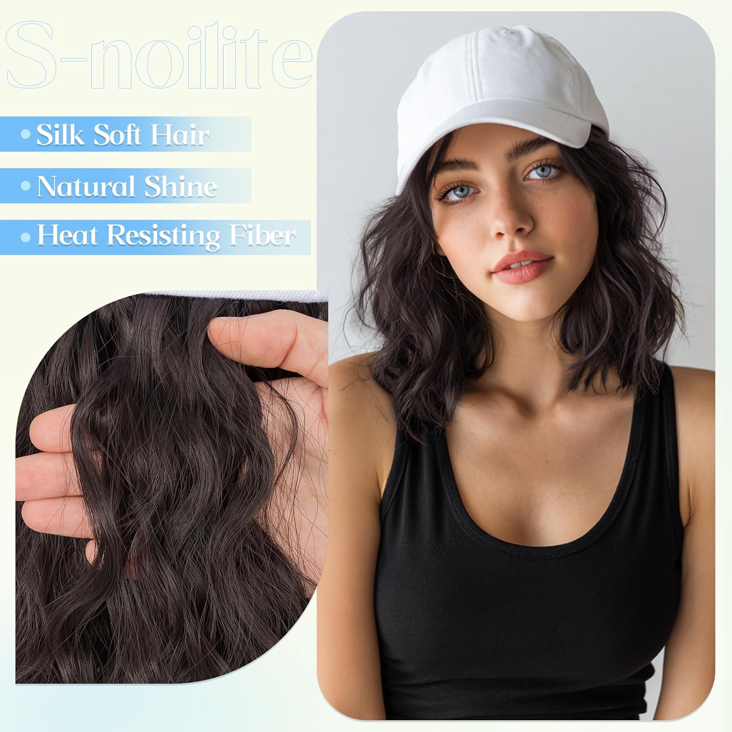 S-noilite Baseball Cap with Hair Extensions,White Hat Wigs with Hair Attached Synthetic Short Curly Wave Bob Hairstyle Baseball Caps for Women Daily Use(#4 Dark Brown).