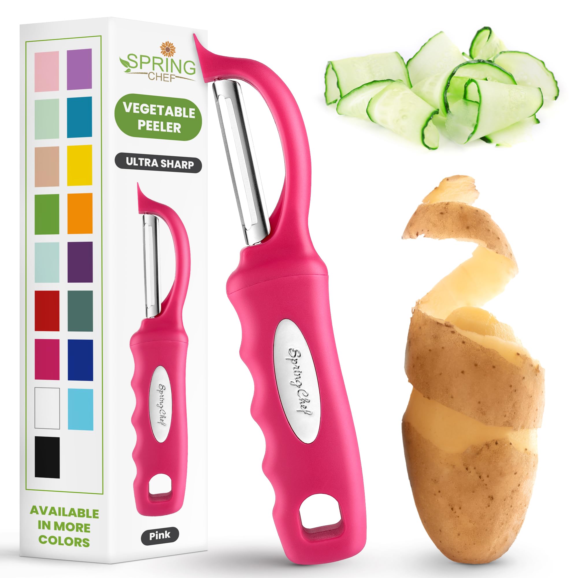 Spring Chef Premium Stainless Steel Vegetable Peeler for Kitchen, Dishwasher Safe Apple Peeler with Non-Slip Handle & Sharp Blades, Peel Potato, Fruit, Veggie, Carrot, Mango, Cucumber - Pink