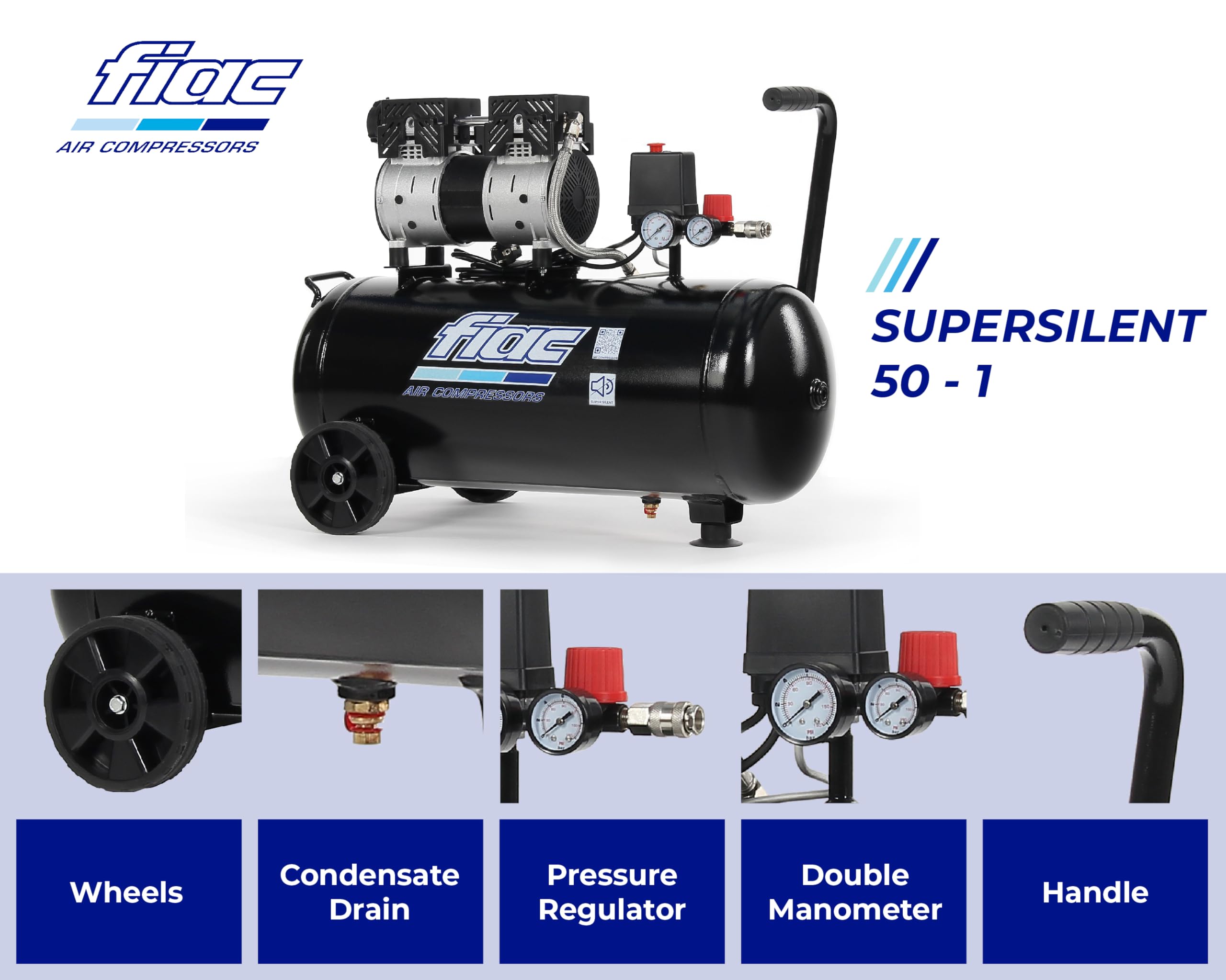 FIAC Supersilent 50, Compresseur d'air mobile silencieux, Compresseur d'air sans huile, Pression maximale 8 Bar, Puissance 1 HP, Réservoir 50 Litres, Bruit 58 dB LpA