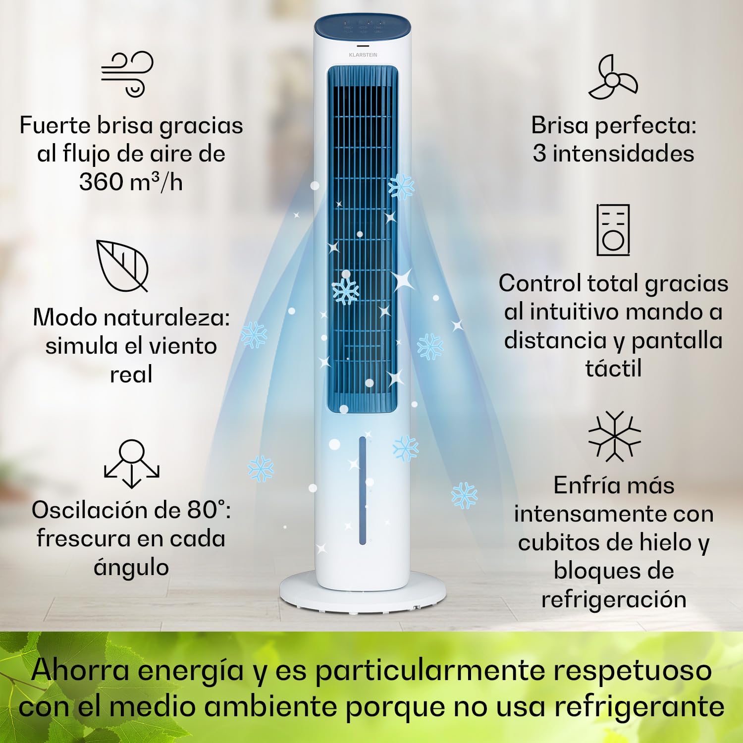 Klarstein Climatizador Portatil Frio 5 en 1 Ionizador, Mini Enfriador de Aire, Silencioso Modo Noche, Mando a Distancia, Humidificador, Ventilador, Purificador, Aparatos Aire 360m³/h, 50W, Blanco