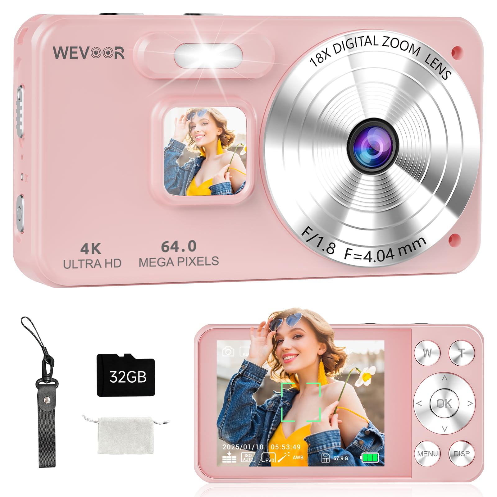 Macchina Fotografica Digitale 4K 64MP, Wevoor 32GB Fotocamera Digitale | Fotocamera Compatta, 2,8” Schermo, Zoom Digitale 18x, Batteria da 2000mAh per Principianti Bambini Adolescenti - Rosa