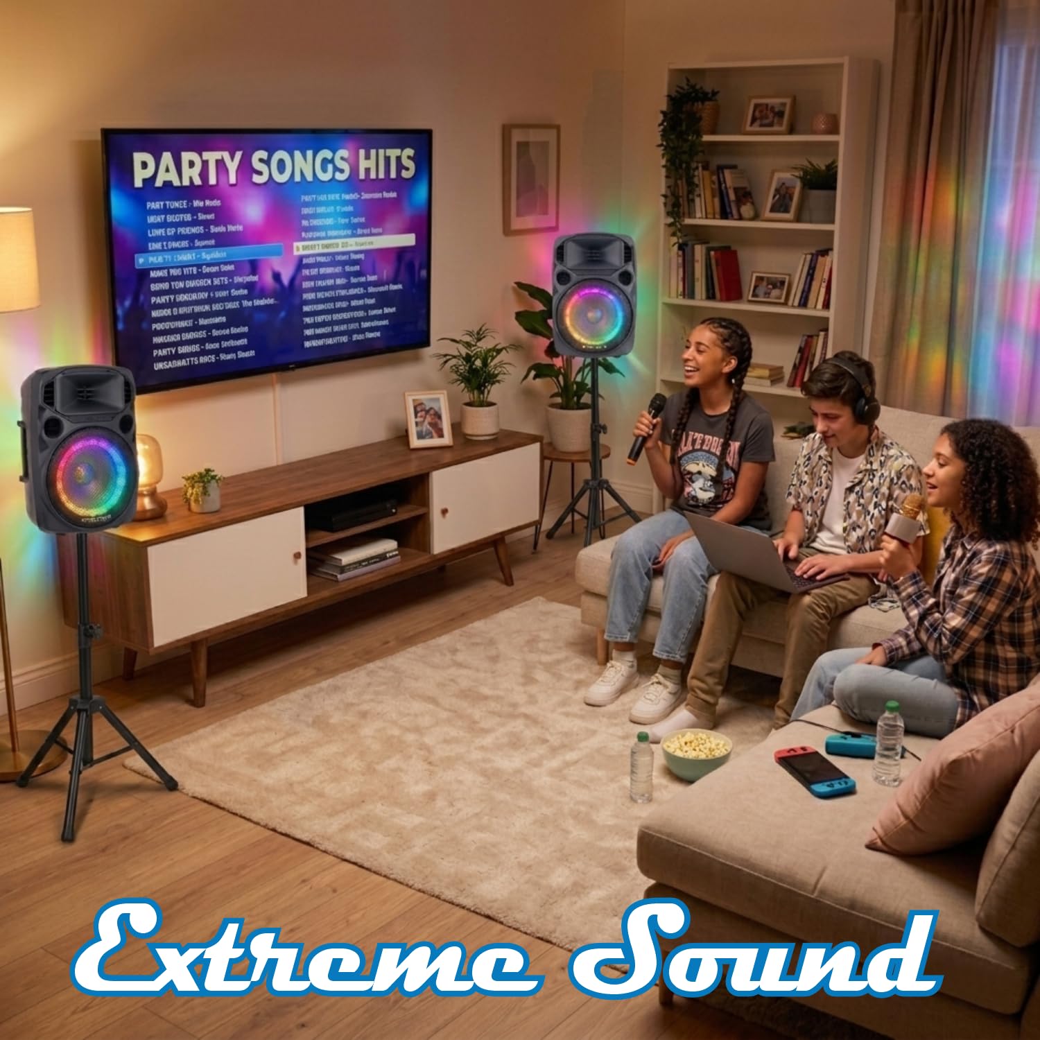 Coppia Casse Attiva + Passiva Con 2 Microfoni Wireless e Bluetooth - MINI KIT Per Karaoke, Per Piccoli Eventi e Feste- 2 Stativi Inclusi - Casse Audio Complete