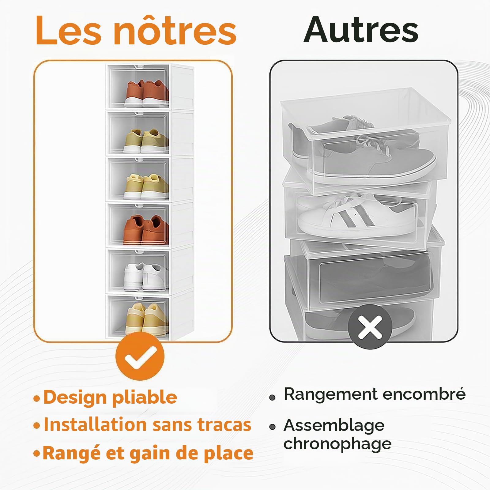 GUDEMAY Boîte à Chaussures Transparente avec Couvercle | Lot de 6 | Boîtes de Rangement pour Chaussures Empilable | Étagère à Chaussures Pliable | Ranger et Protéger Vos Chaussures | Blanc
