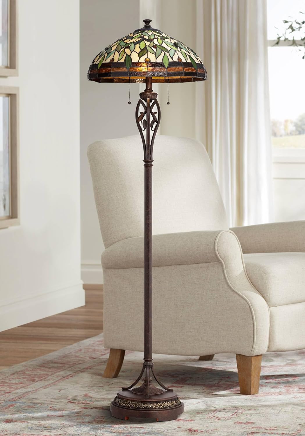 Robert Louis Tiffany Leaf and Vine II Traditional Victorian Tiffany Style Floor Standing Lamp 60" Tall Bronze Gold Amber Green Stained Glass Dome Shade Cottage Core Decor for Living Room Reading