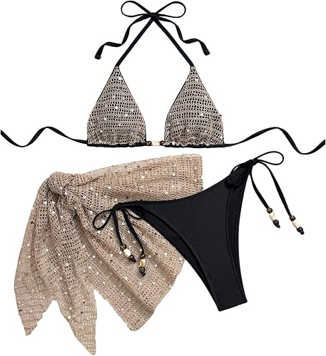 MakeMeChic Women's 3 Piece Swimsuits Sequin Sparkly Halter Bathing Suit