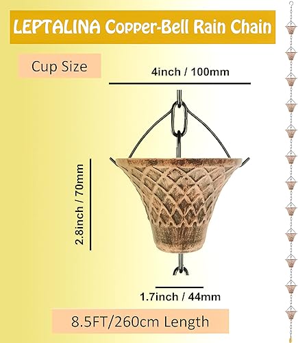 Miniatura 3 de LEPTALINA Cadenas de lluvia de hierro de campana de 8.5 pies para canalón y barril de lluvia, decoración de jardín chapada resistente al óxido