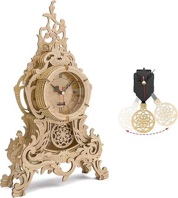 nicknack 3D Wooden Puzzle Clock for Adults, Laser Cut Model Kits - Large Baroque Pendulum Clock, Light