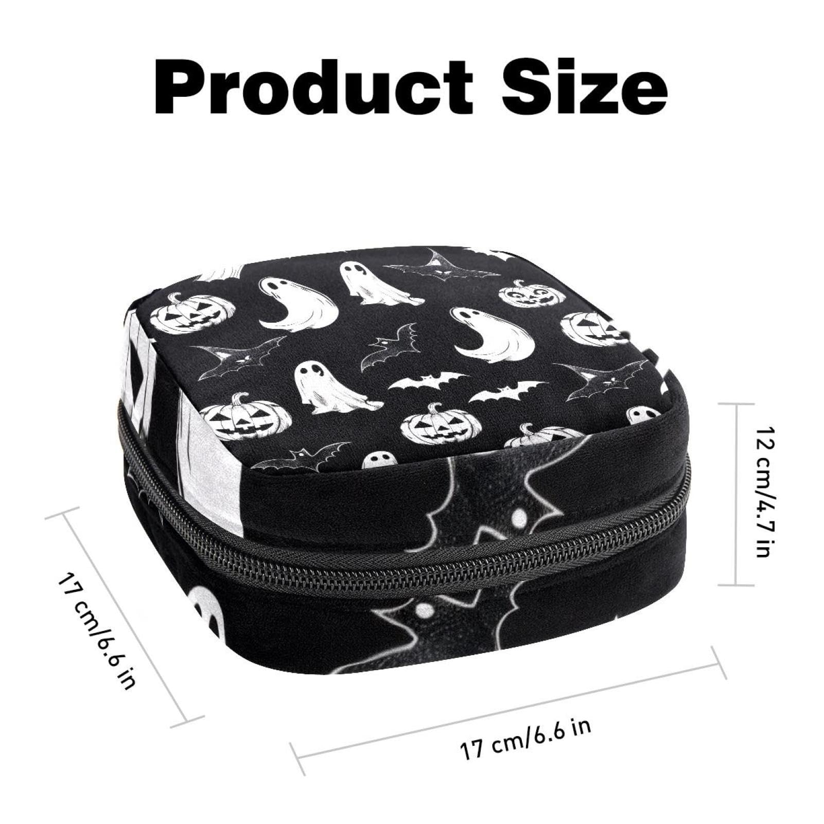 Sanitary Napkin Storage Bag for Feminine Pads, First Period Kit for Women, White Halloween Ghost Pumpkin Bat Pattern Portable Menstrual Period Sanitary Pouch