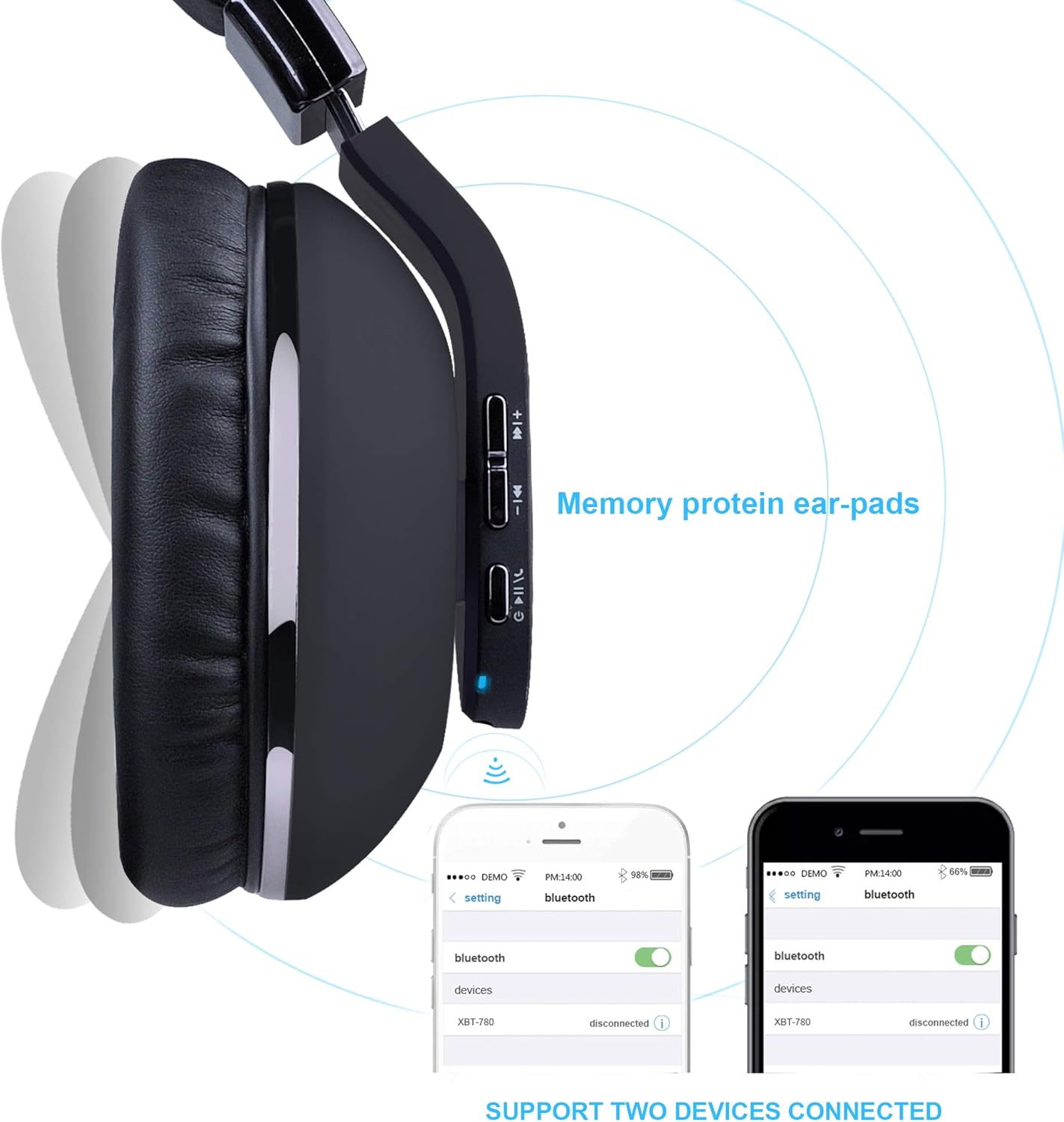 Riwbox XBT-780 Headphones showing Bluetooth connection to two devices