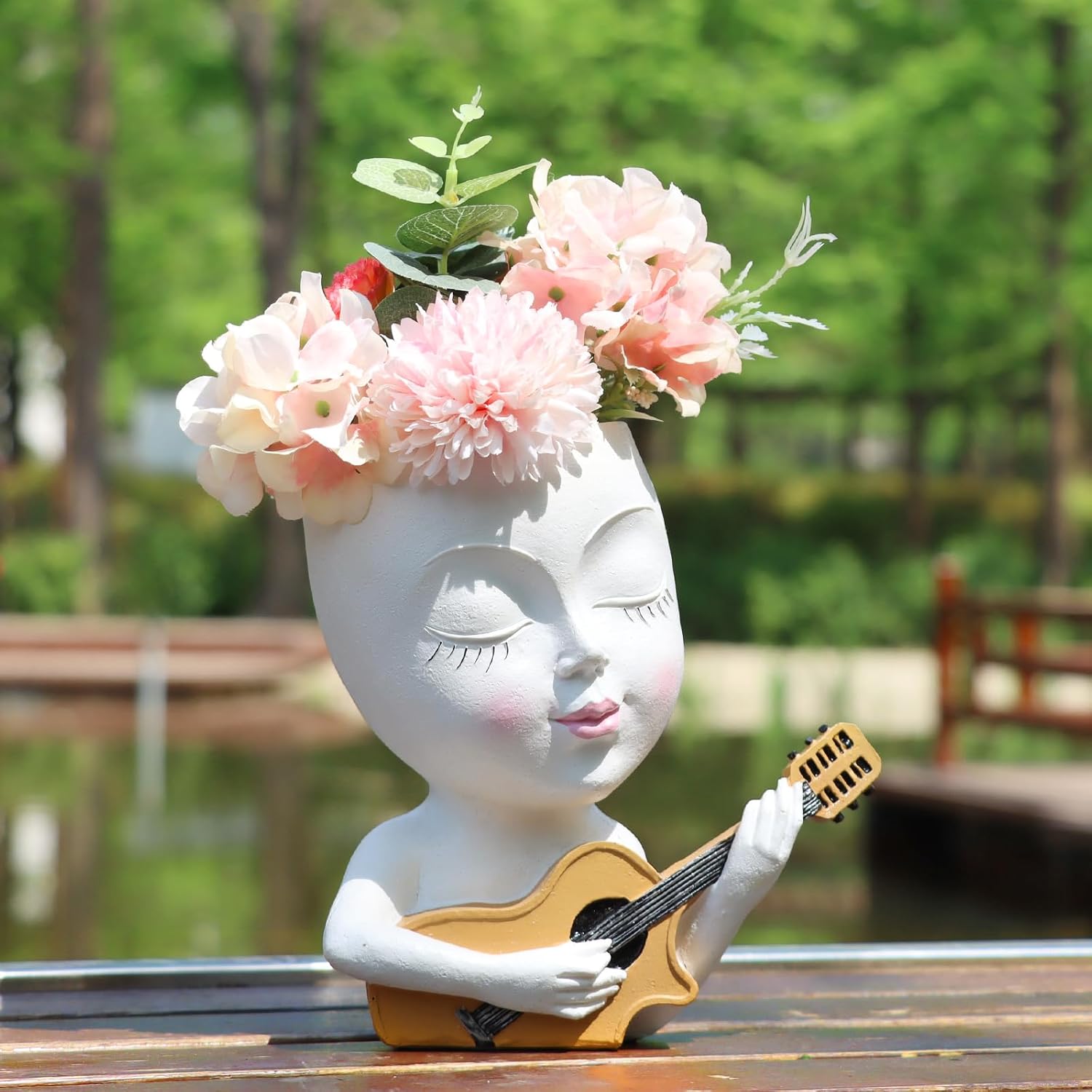 Face Planter Pot, Cute Girl Playing Guitar Head Planter for Indoor Plants, Unique Resin Succulent Pots with Drainage, Creative Music Lover Gifts for Guitarist Women Mom (White)