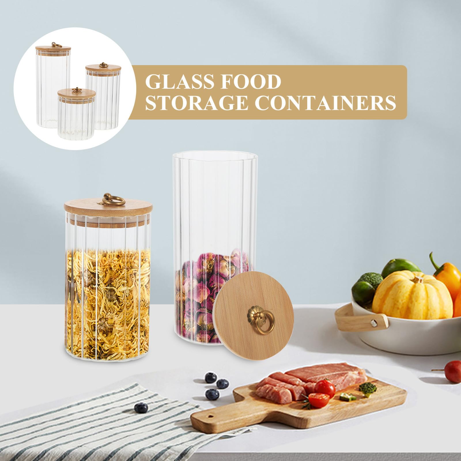 SHINEOFI 3 Piezas Frascos de Vidrio con Tapa de Bambú para Almacenamiento Hermético en Cocina, Fácil de Usar y Limpiar, Capacidades 550ml, 850ml y 1150ml