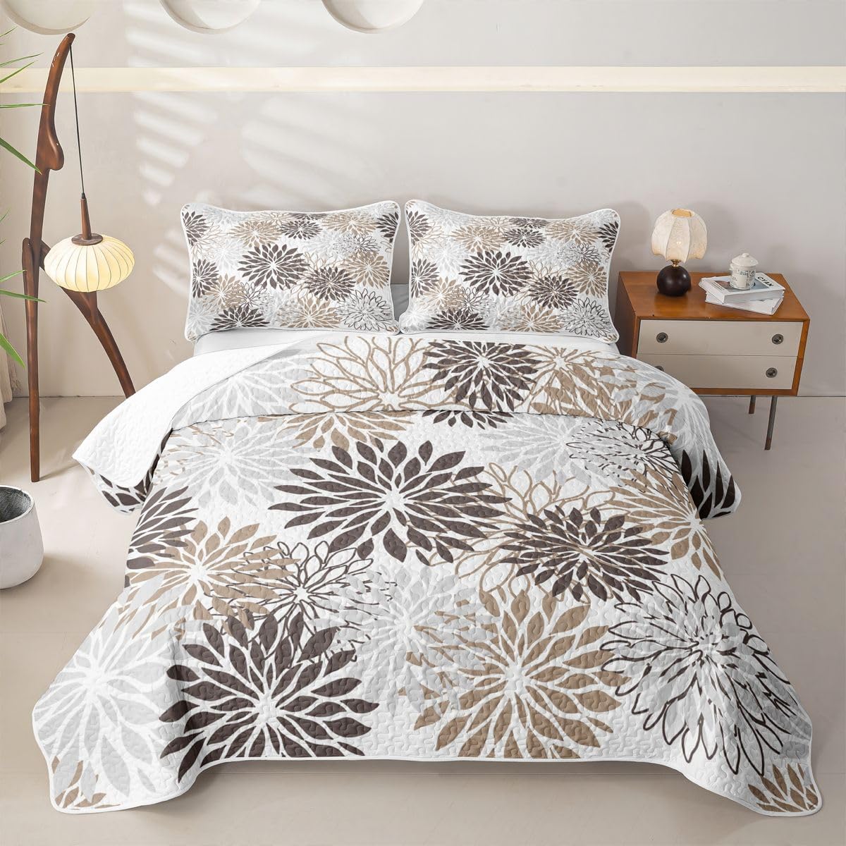 Feelyou Dahlia Flower Quilt Sets Full Size Pinnata Turquoise Floral Kids Boys Girls Quilts with 2 Pillowcases Soft Farmhouse Bedspread Coverlet Set Lightweight Bedding