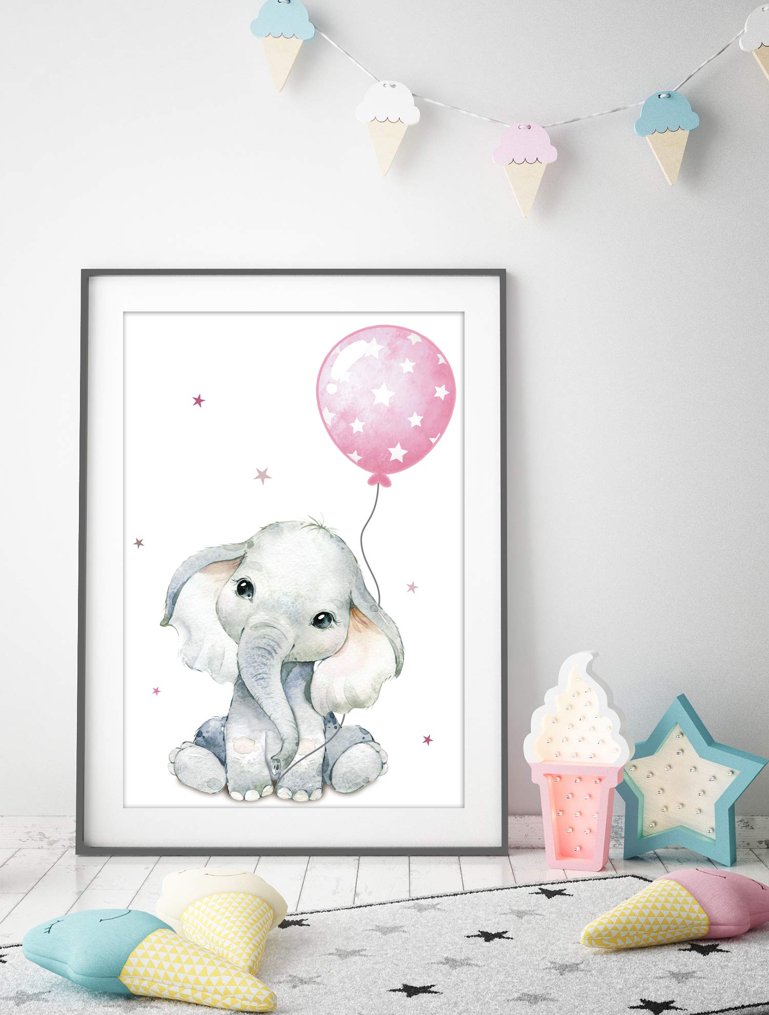 Artpin® P64 Posters décoratifs pour chambre d'enfant (fille) - Motif Animaux de la jungle + Ballon gonflable - Gris/Rose