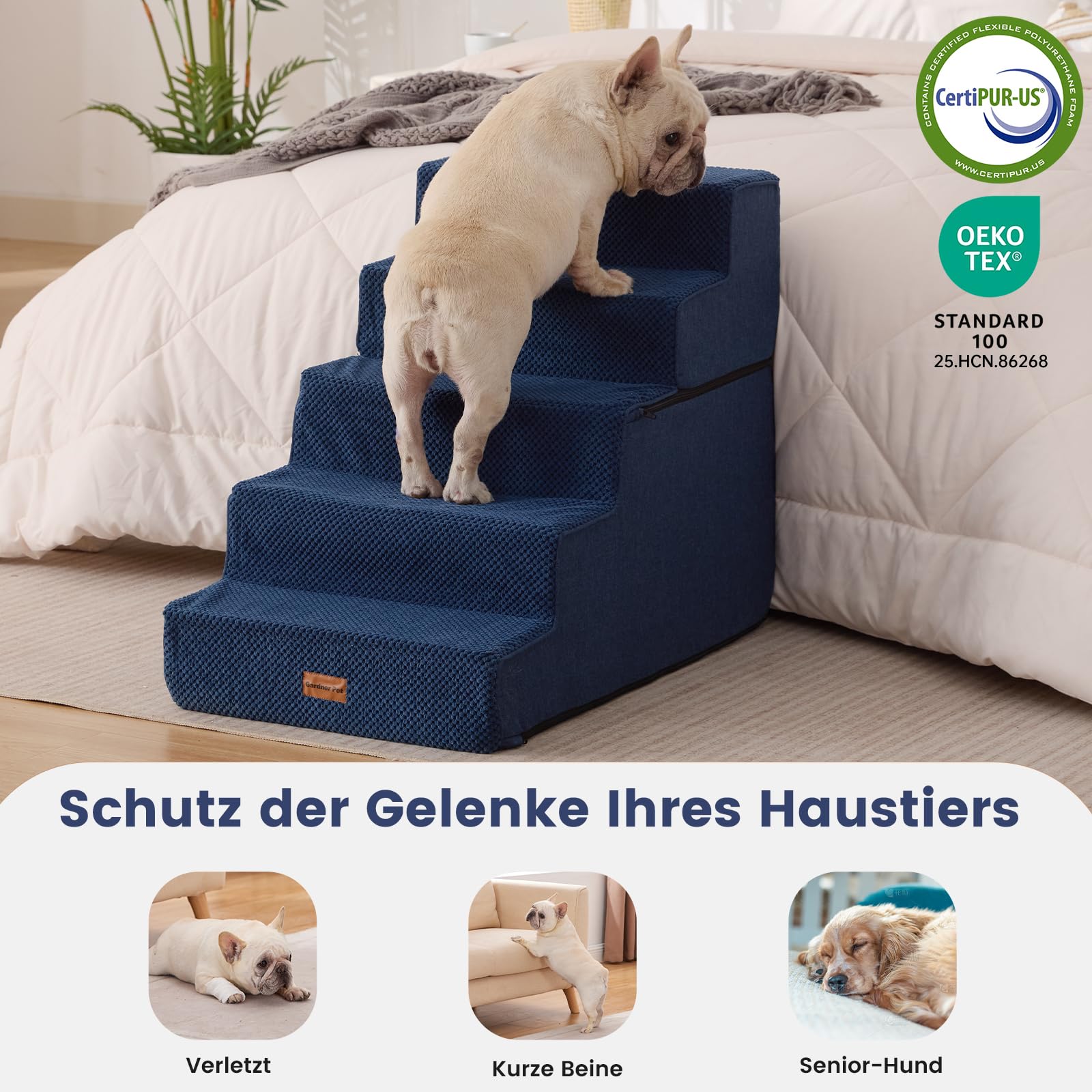 Gardner Pet Hundetreppe für kleine Hunde, Haustiertreppe Hundetreppe 5 Stufen, Hunderampe aus hochdichtem Schaumstoff mit rutschfestem wasserdichtem Stoffbezug für Bett, Sofa, Couch und Auto, Blau
