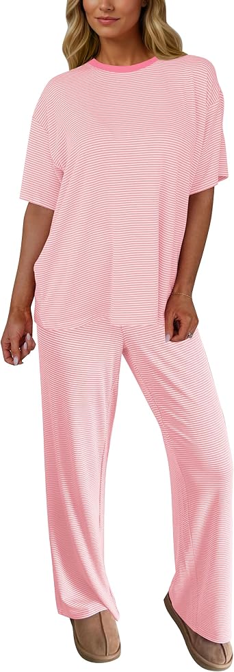 Meladyan Womens Striped 2 Piece Lounge Set Oversized Short Sleeve Crewneck T-Shirts Wide Leg Pants Summer Pajama Sets