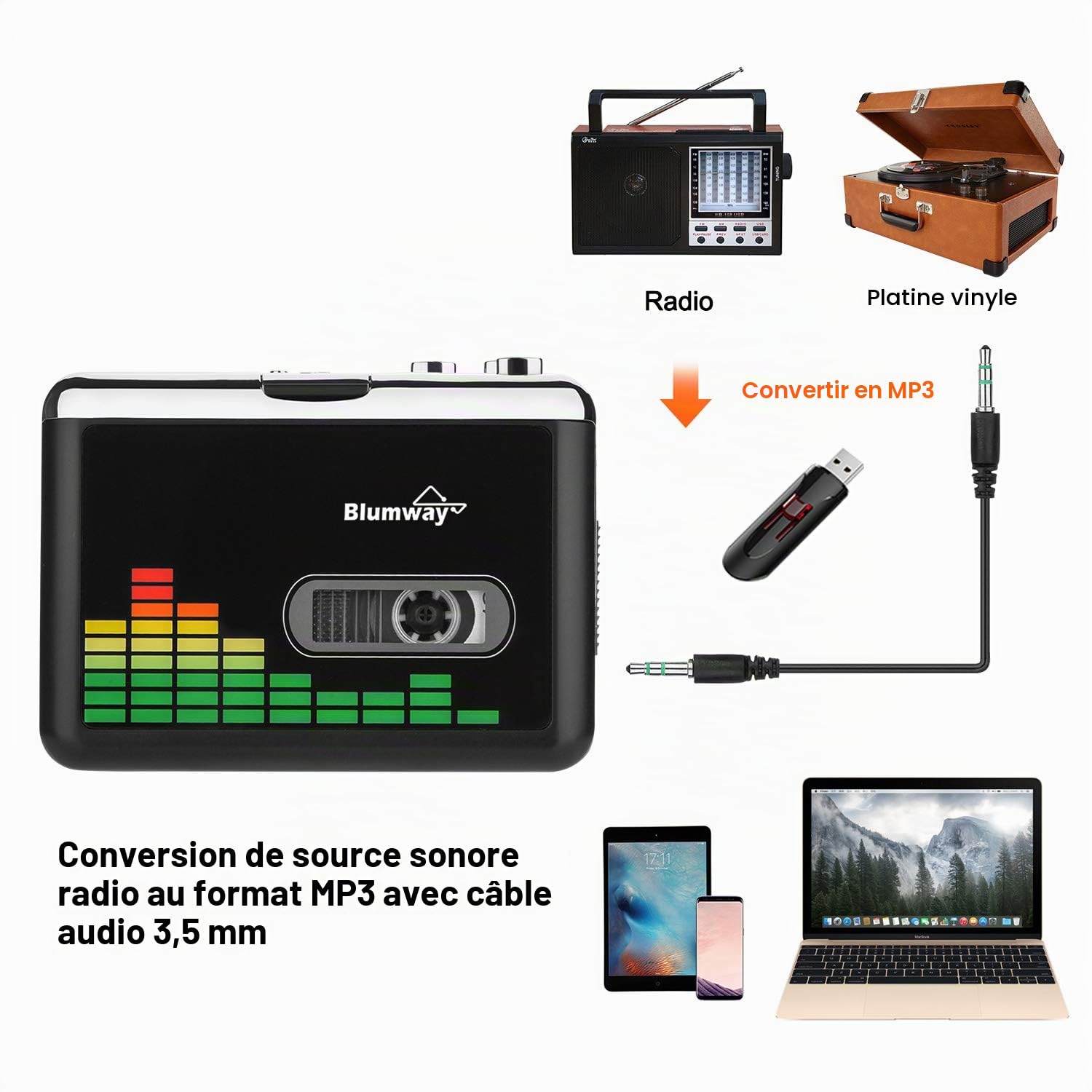 BlumWay Convertisseur de cassette USB en MP3, lecteur de cassette portable Convertisseur de cassette numérique Lecteur de musique audio Convertisseur de cassette avec casque et étui de transport