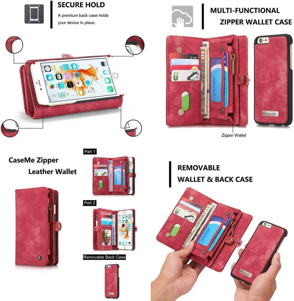 iPhone 6/iPhone 6S Leather Wallet Phone Case Card Holder Detachable Magnetic Slim Case with Zipper Storage Red