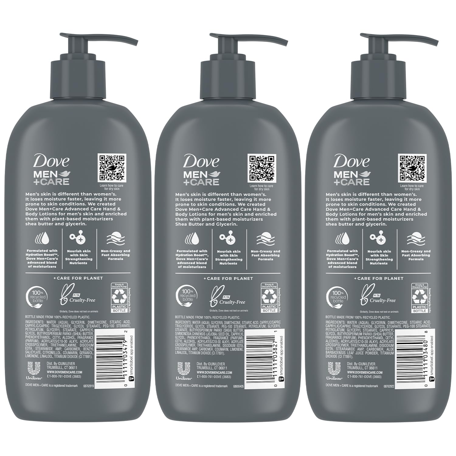 Dove Hand & Body Lotion, Men+Care Variety Pack – Rough Dry Skin Comfort with Shea Butter, Sensitive Skin Comfort with Aloe Vera, Everyday Skin Comfort with Jojoba Oil, 13.5 Oz Ea (3 Piece Set) - Image 2